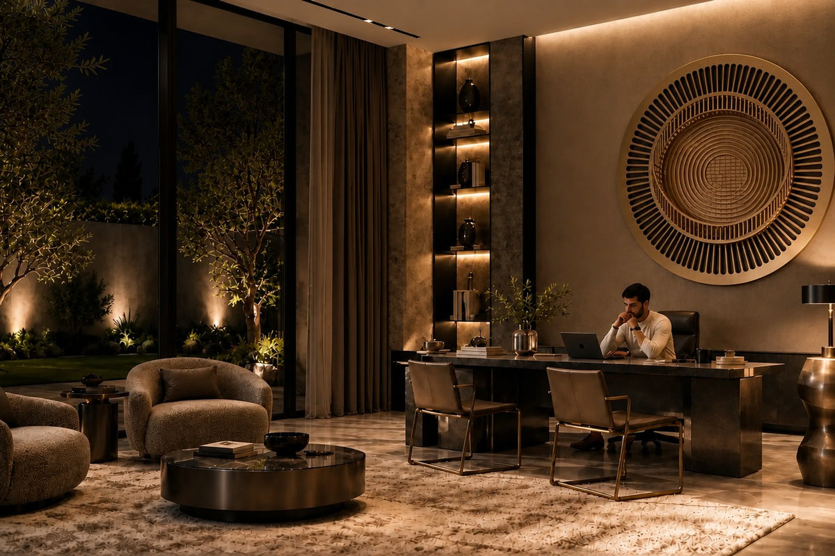 Stoa — Ø 200 cm brushed brass circular wall relief with a ring of slender columns around an engraved floor, the same room at night, lamps on