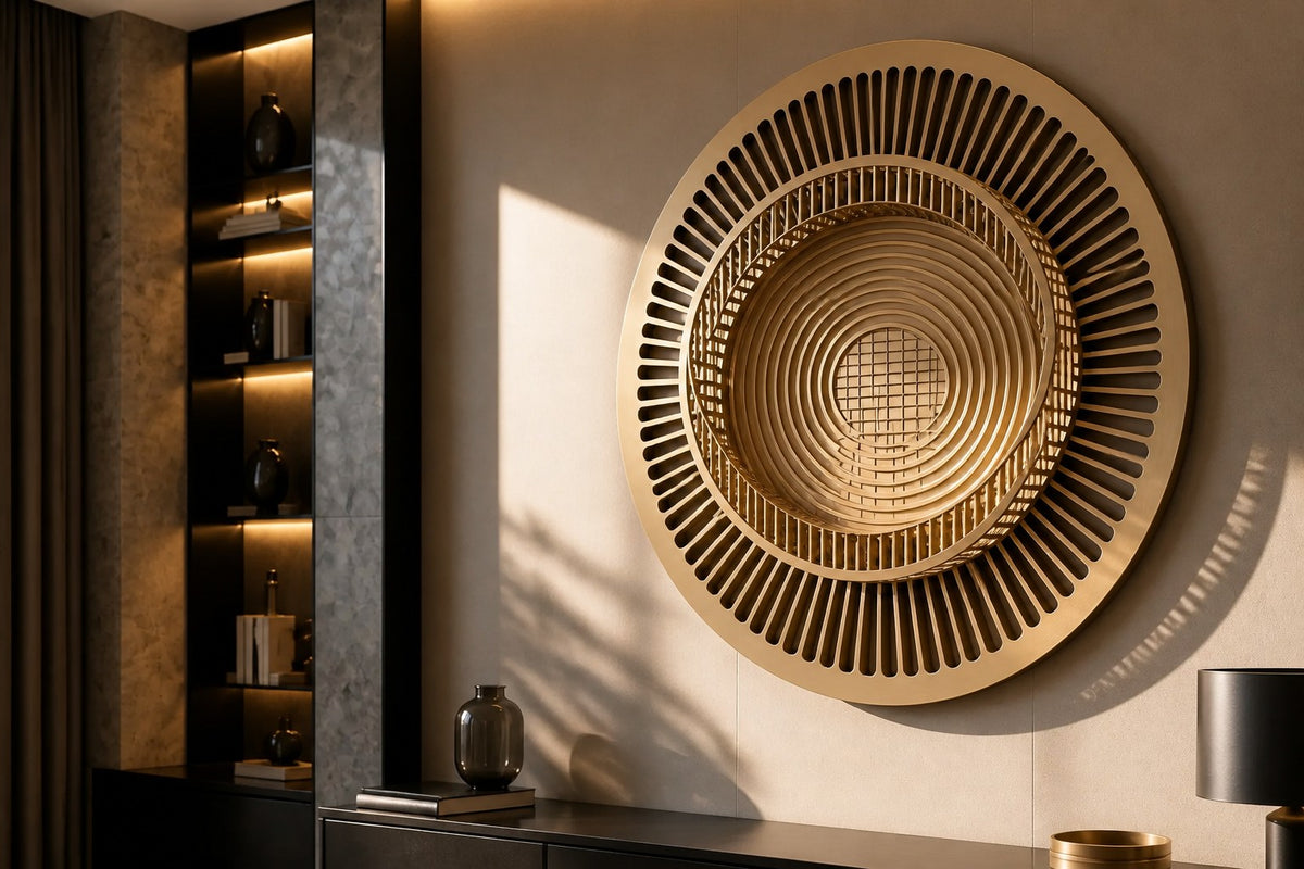 Stoa — Ø 200 cm brushed brass circular wall relief with a ring of slender columns around an engraved floor, close view in the room