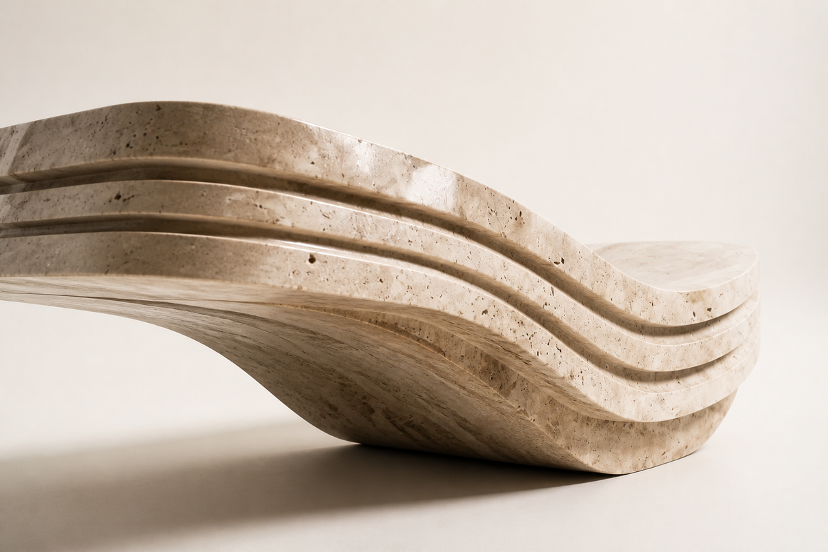STRATA FLOW BENCH V, three-quarter studio view showing its profile