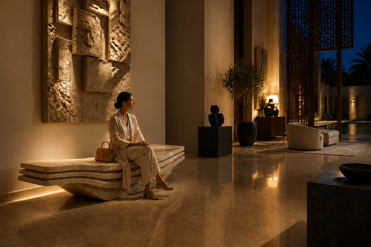 STRATA FLOW BENCH V, in a room setting under evening light