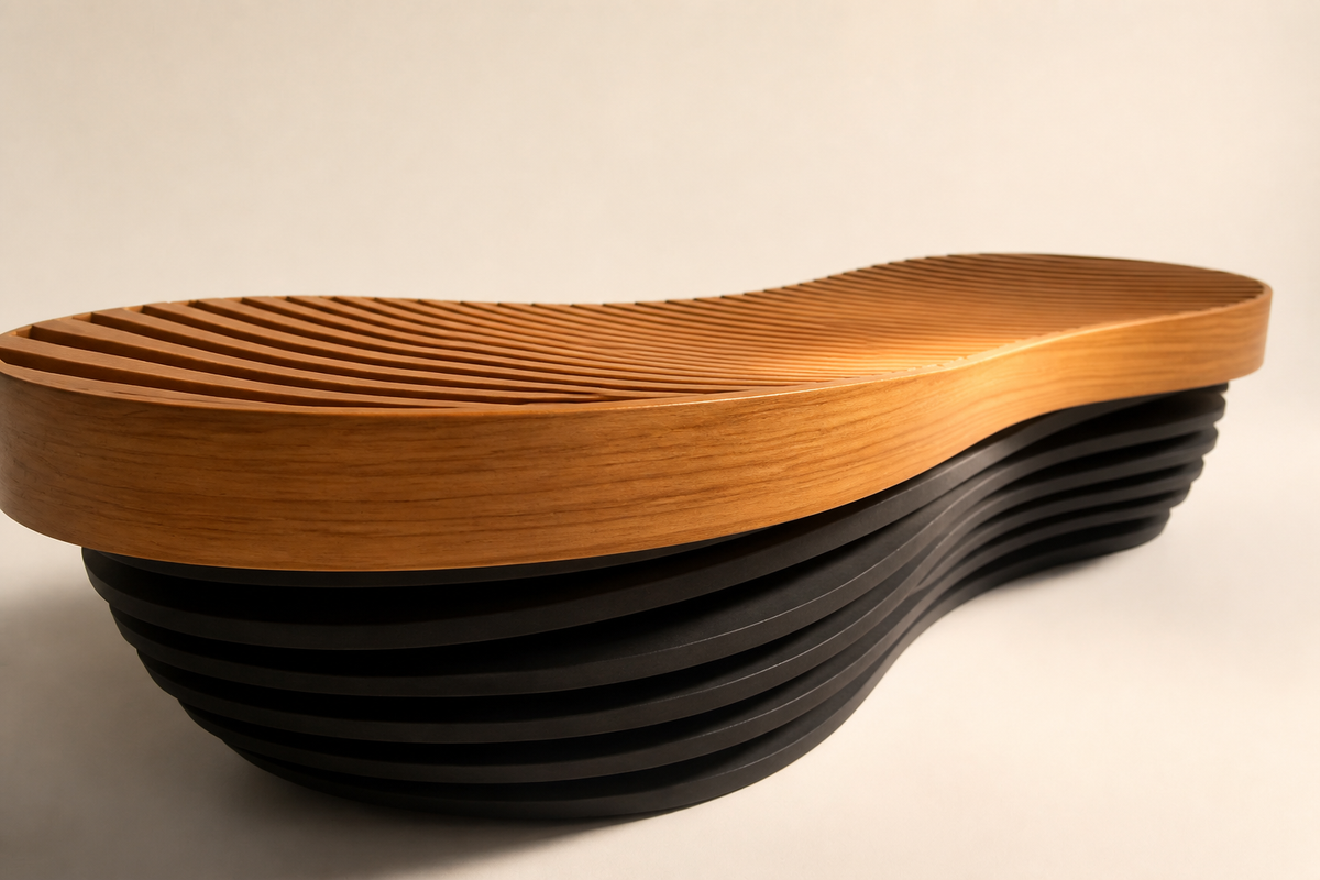 STRATA FUSION BENCH XXVI, three-quarter studio view showing its profile