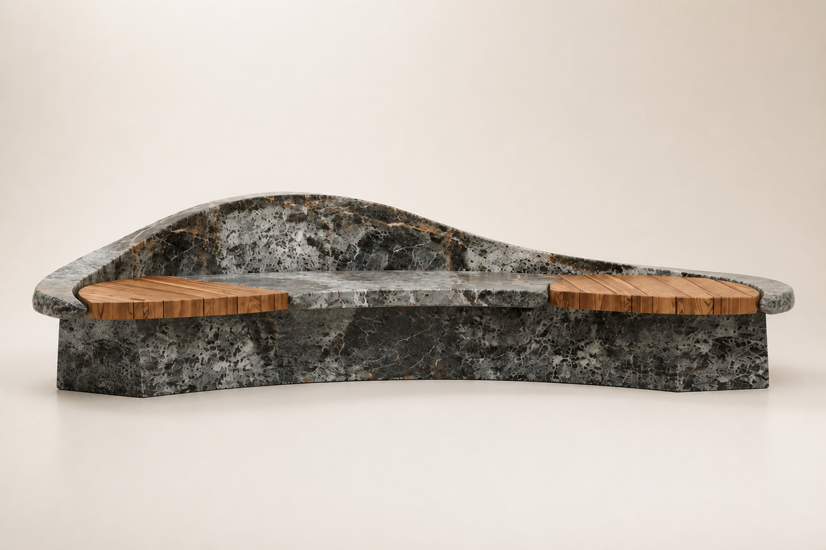 STRATA HYBRID BENCH I, studio view of the whole piece