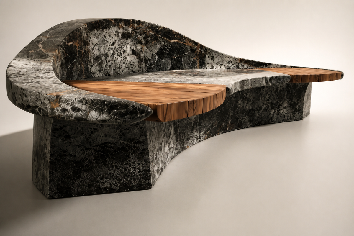 STRATA HYBRID BENCH I, three-quarter studio view showing its profile