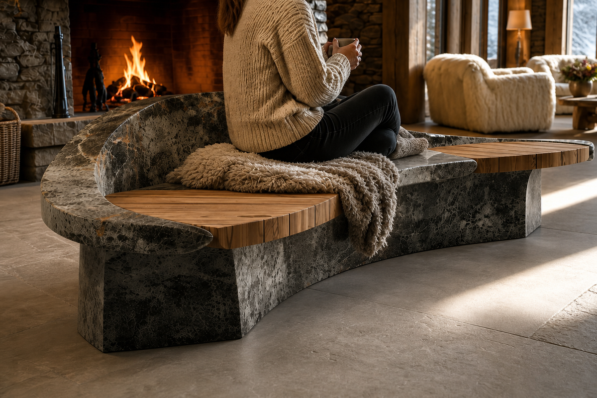 STRATA HYBRID BENCH I, close view of the form in its setting