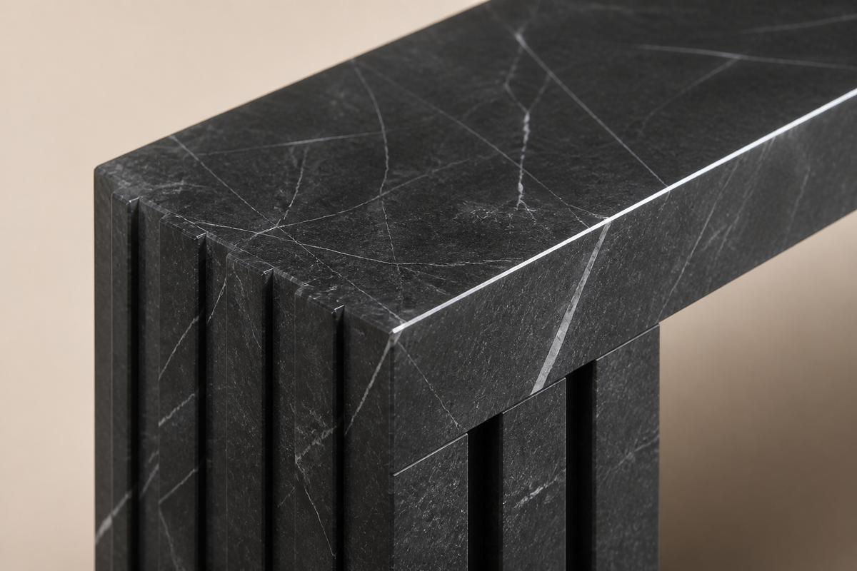 Strata Linear Marble Bench, close studio detail of the surface and material