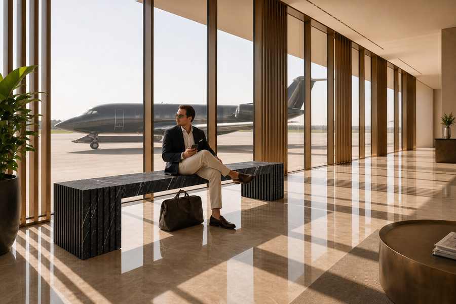 Strata Linear Marble Bench, shown in a room setting, at full scale