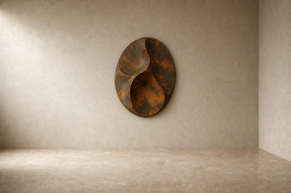 Antique bronze bronze wall sculpture Suhb, three nested ovoid forms set close on one bracket, on a plaster wall.