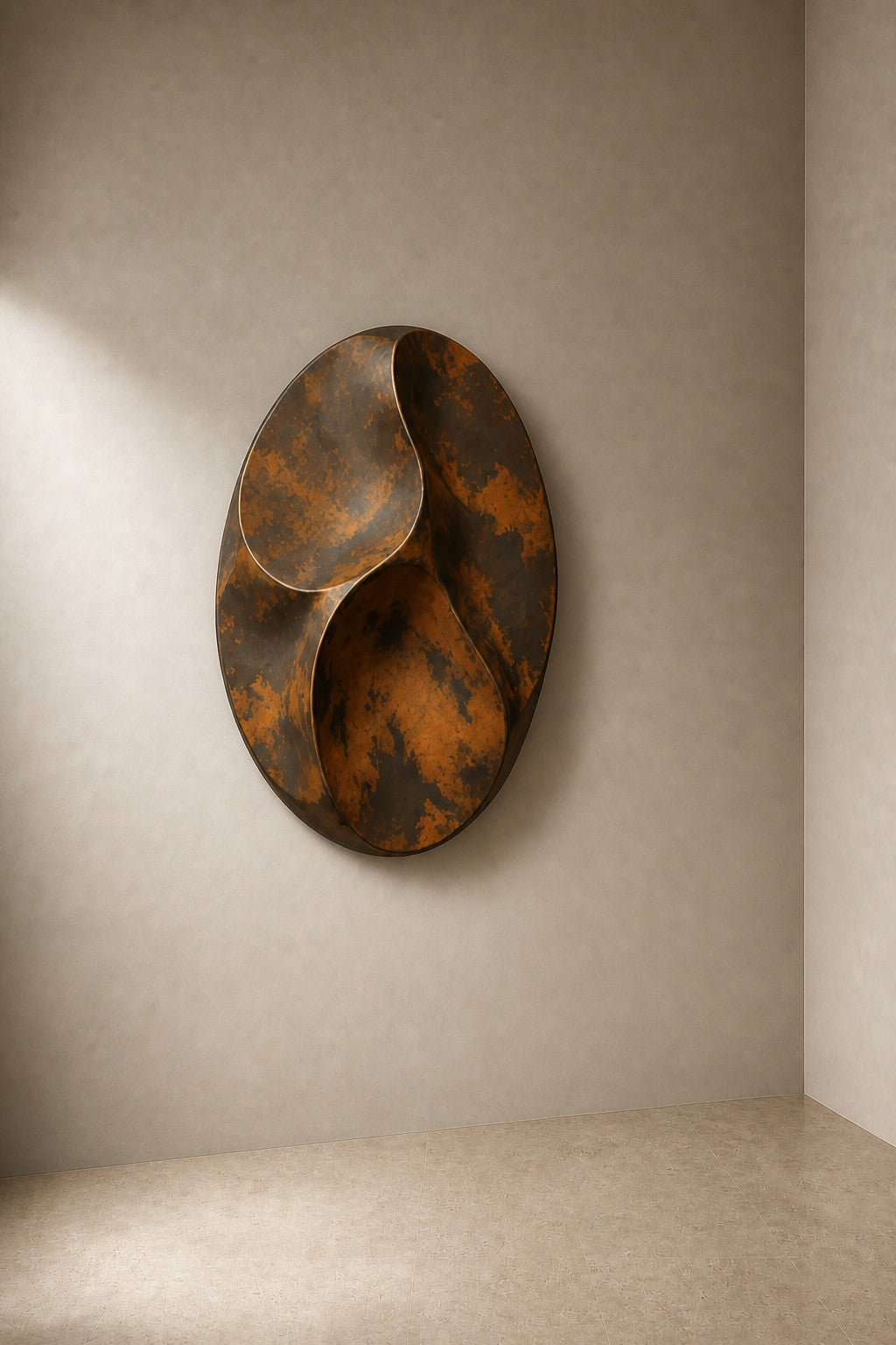 Antique bronze bronze wall sculpture Suhb, three nested ovoid forms set close on one bracket, on a plaster wall.