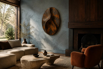 Antique bronze bronze wall sculpture Suhb, three nested ovoid forms set close on one bracket, on a plaster wall.