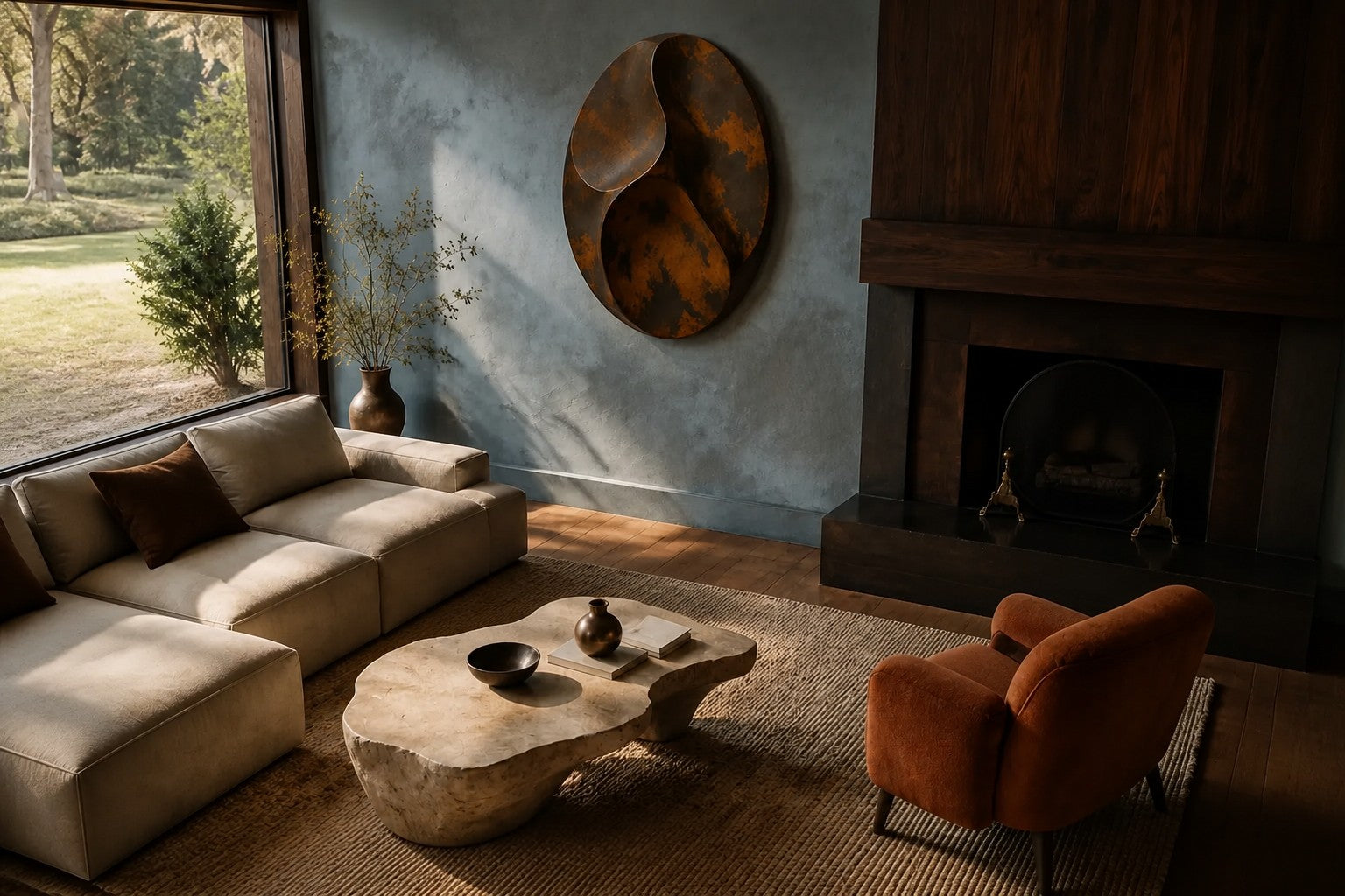Antique bronze bronze wall sculpture Suhb, three nested ovoid forms set close on one bracket, on a plaster wall.