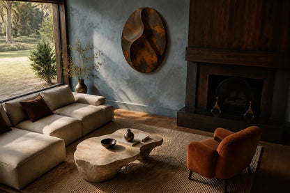 Antique bronze bronze wall sculpture Suhb, three nested ovoid forms set close on one bracket, on a plaster wall.