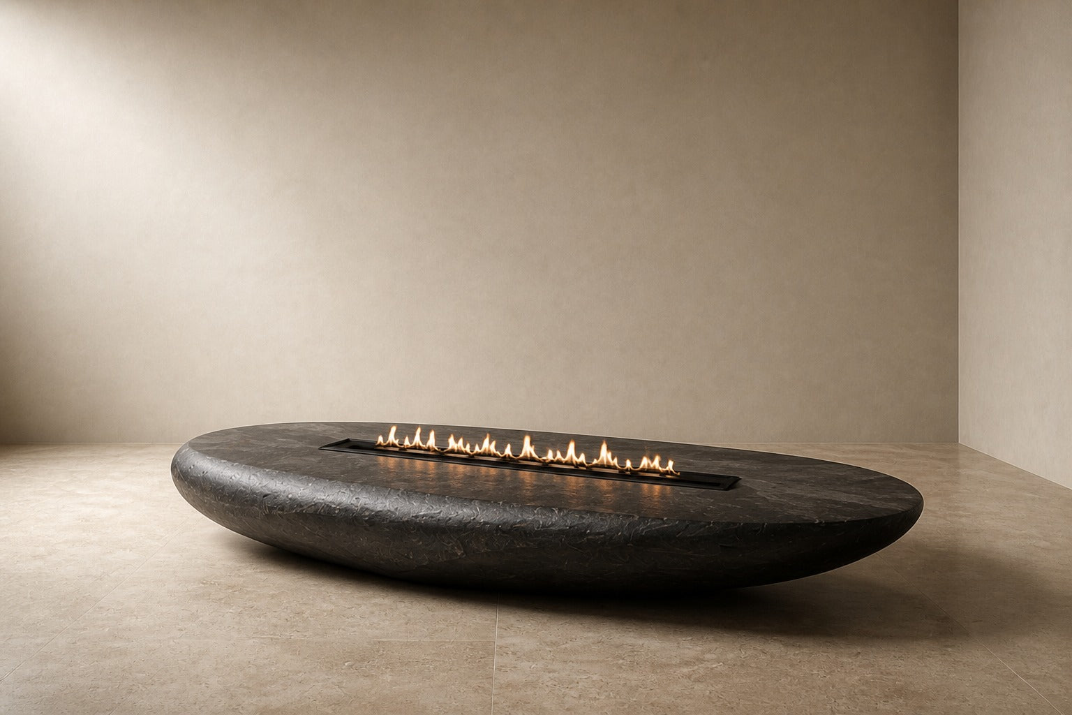 Charcoal-bronze stone fire table Suiran 220, charcoal with a warm bronze cast, on a pale stone floor.