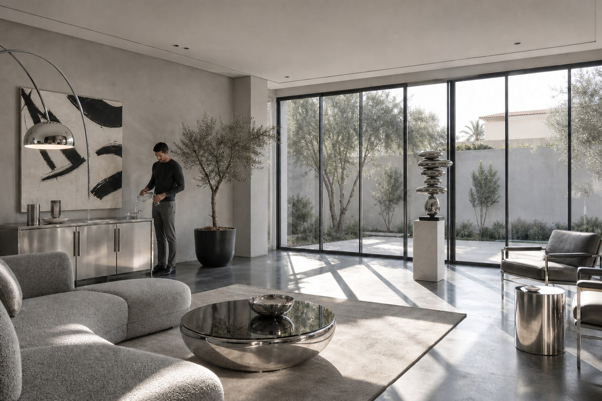 Suiseki — mirror chrome stacked pebble sculpture on a black base, placed in a furnished room