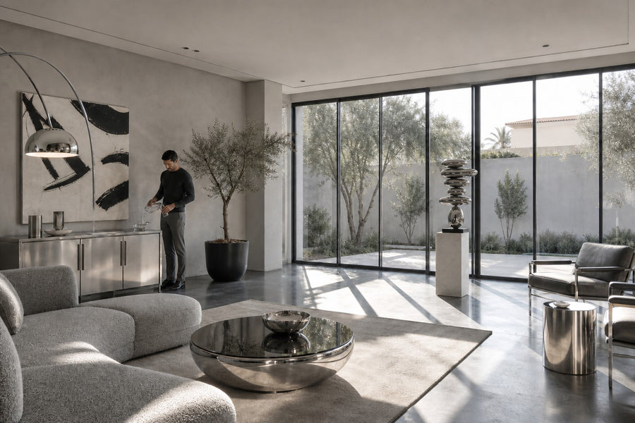 Suiseki — mirror chrome stacked pebble sculpture on a black base, placed in a furnished room