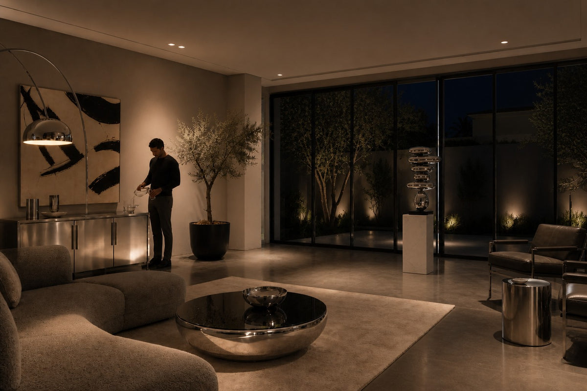 Suiseki — mirror chrome stacked pebble sculpture on a black base, the same room at night, lamps on