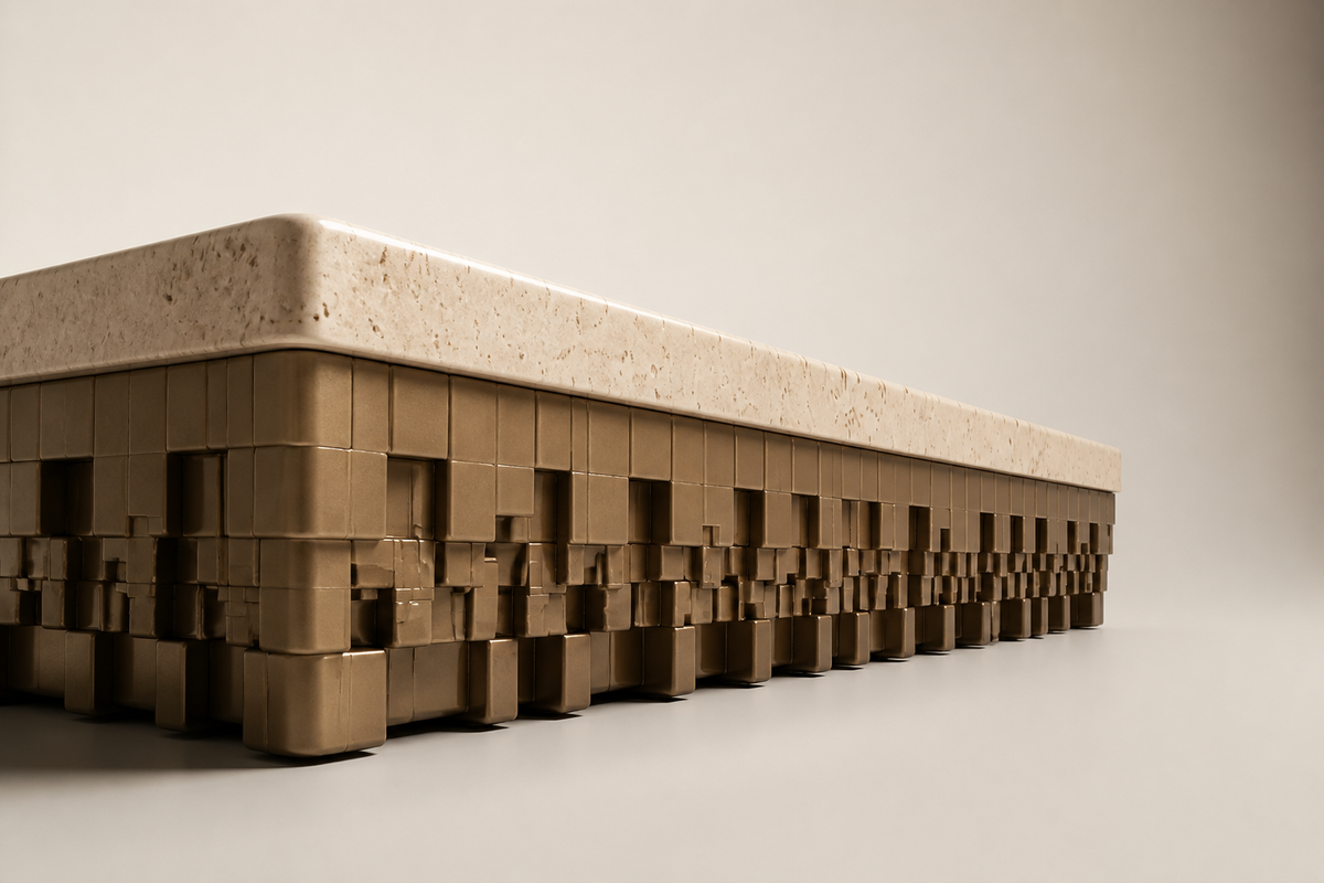 Sukoon 180 travertine sculptural bench, three-quarter studio view showing its profile