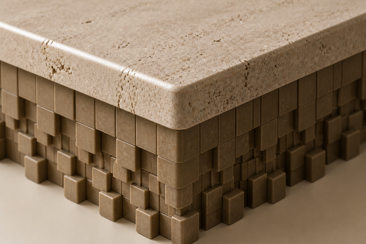 Sukoon 180 travertine sculptural bench, close studio detail of the surface and material