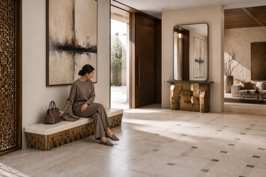 Sukoon 180 travertine sculptural bench, shown in a room setting, at full scale