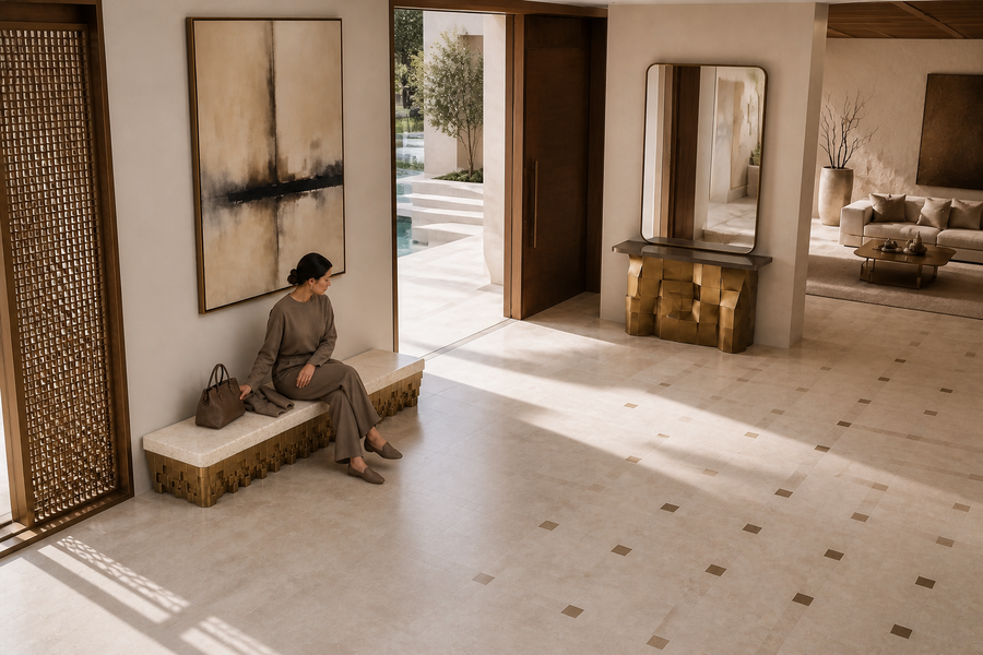 Sukoon 180 travertine sculptural bench, overhead view in a room setting