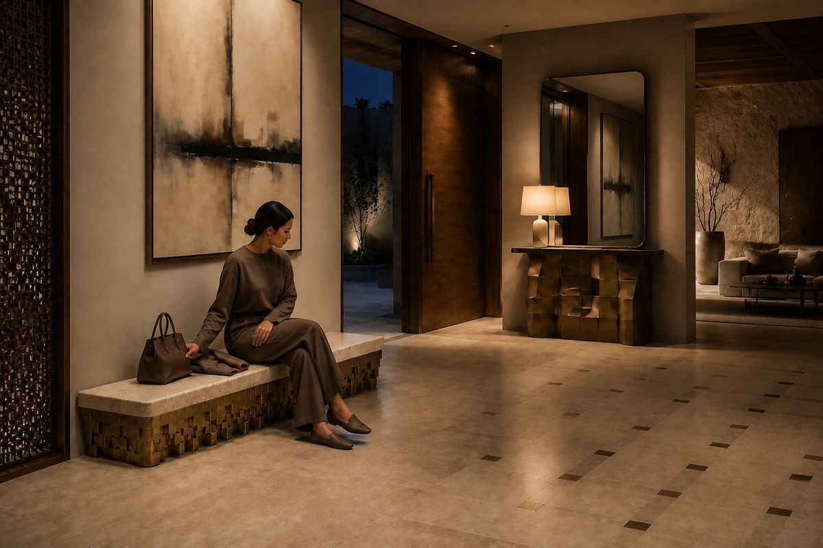 Sukoon 180 travertine sculptural bench, in a room setting under evening light