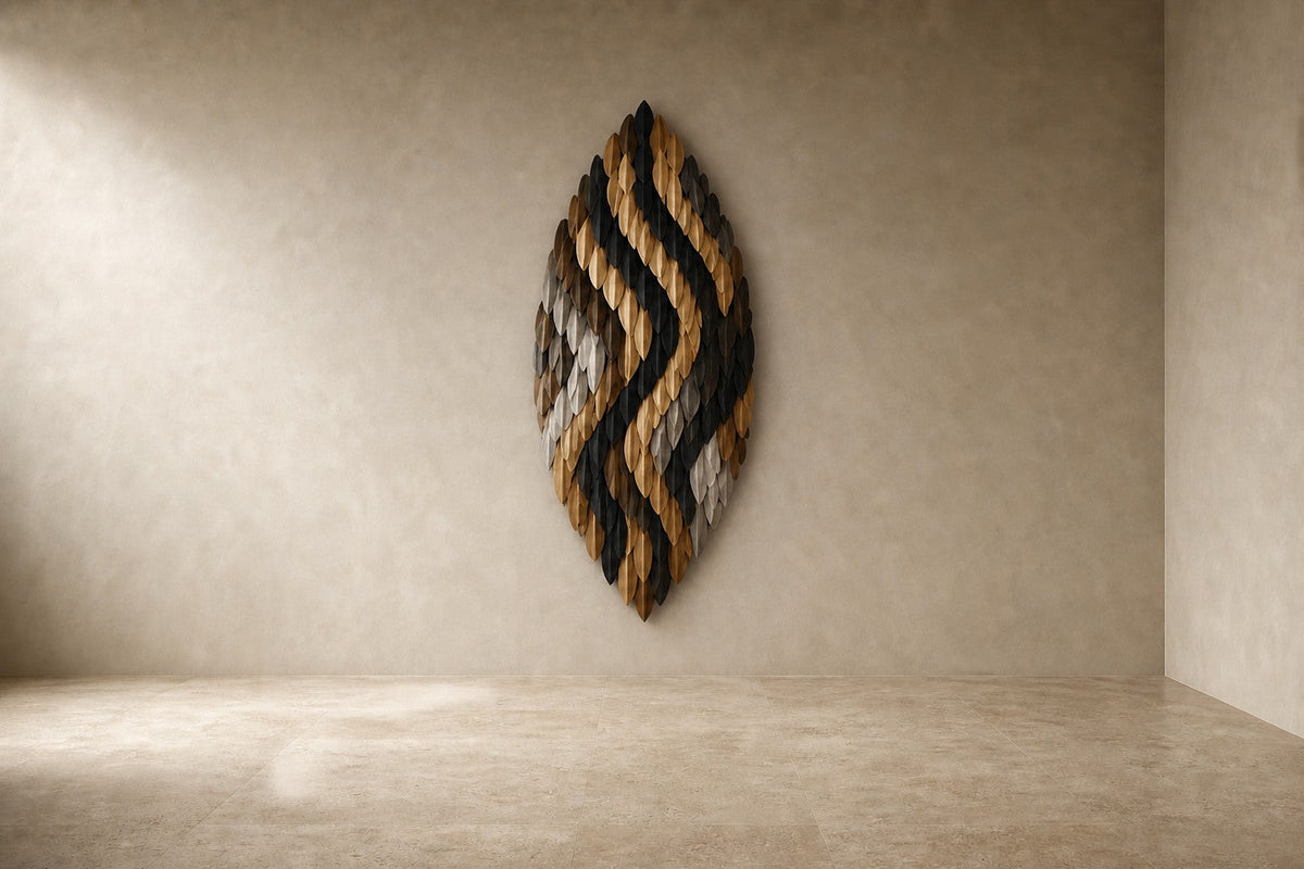 Sunbula — 80 × 150 cm tall oval wall sculpture of black and gold zig-zag plates, studio view of the whole piece