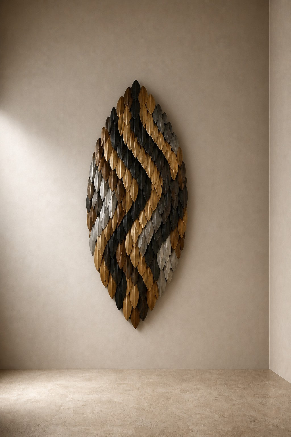 Sunbula — 80 × 150 cm tall oval wall sculpture of black and gold zig-zag plates, three-quarter studio view showing its profile