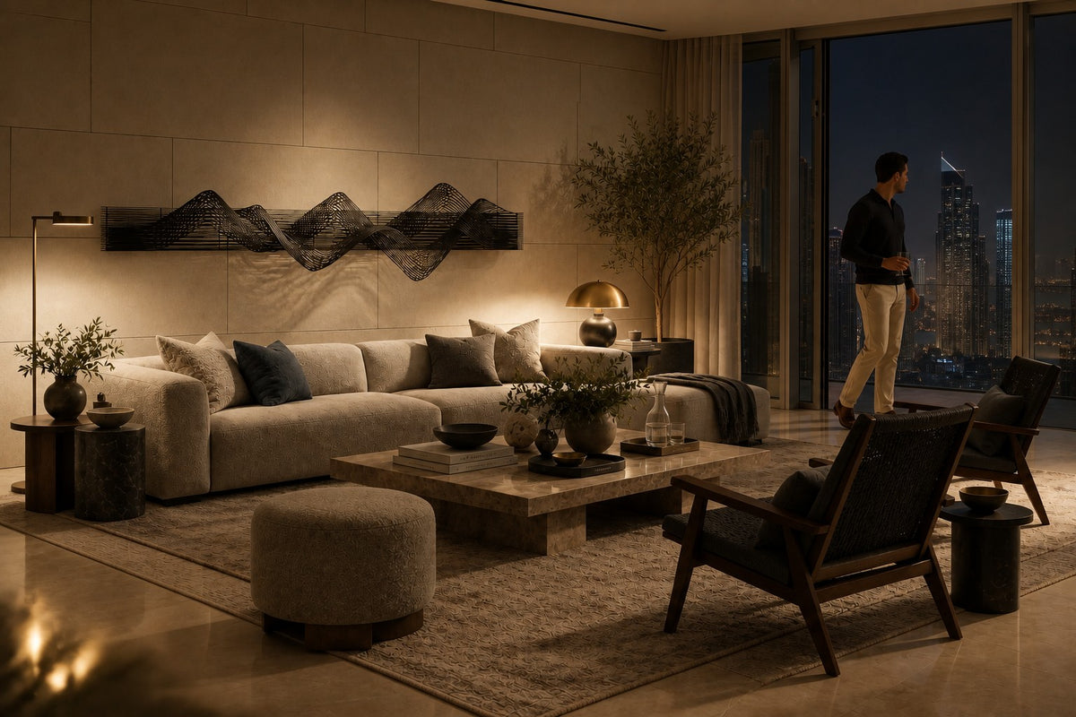 Susurro — dark bronze wire wave wall sculpture, the same room at night, lamps on