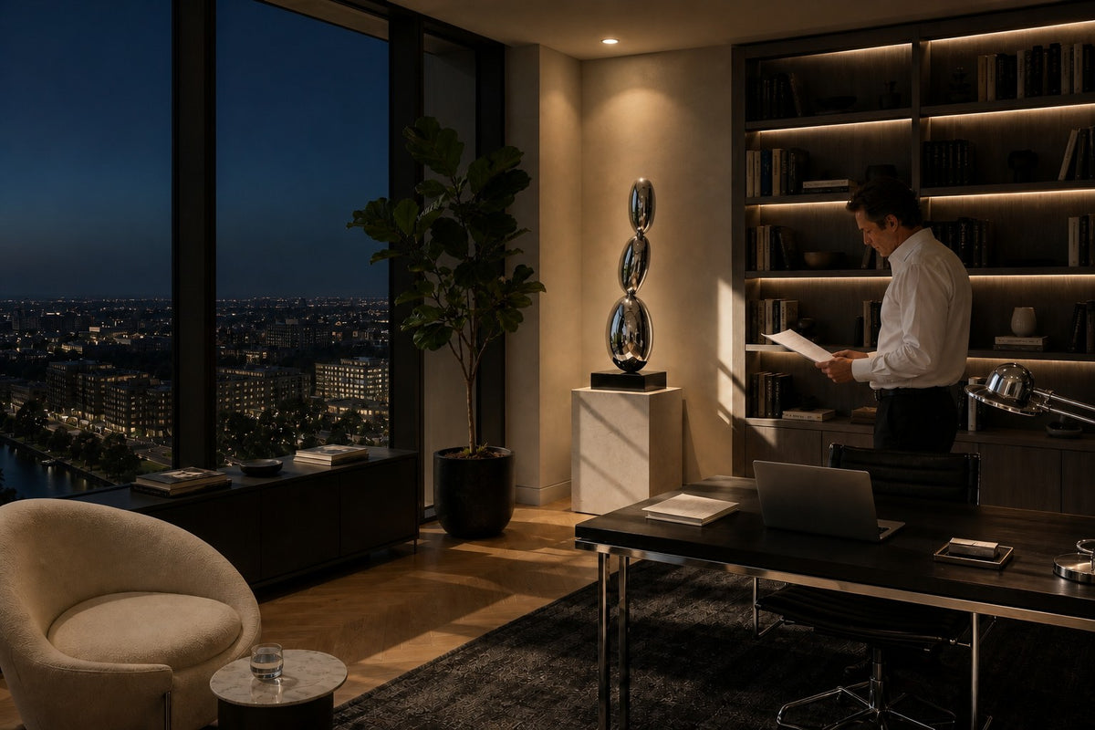 Tamago — mirror chrome stacked ovoid sculpture on a black base, the same room at night, lamps on