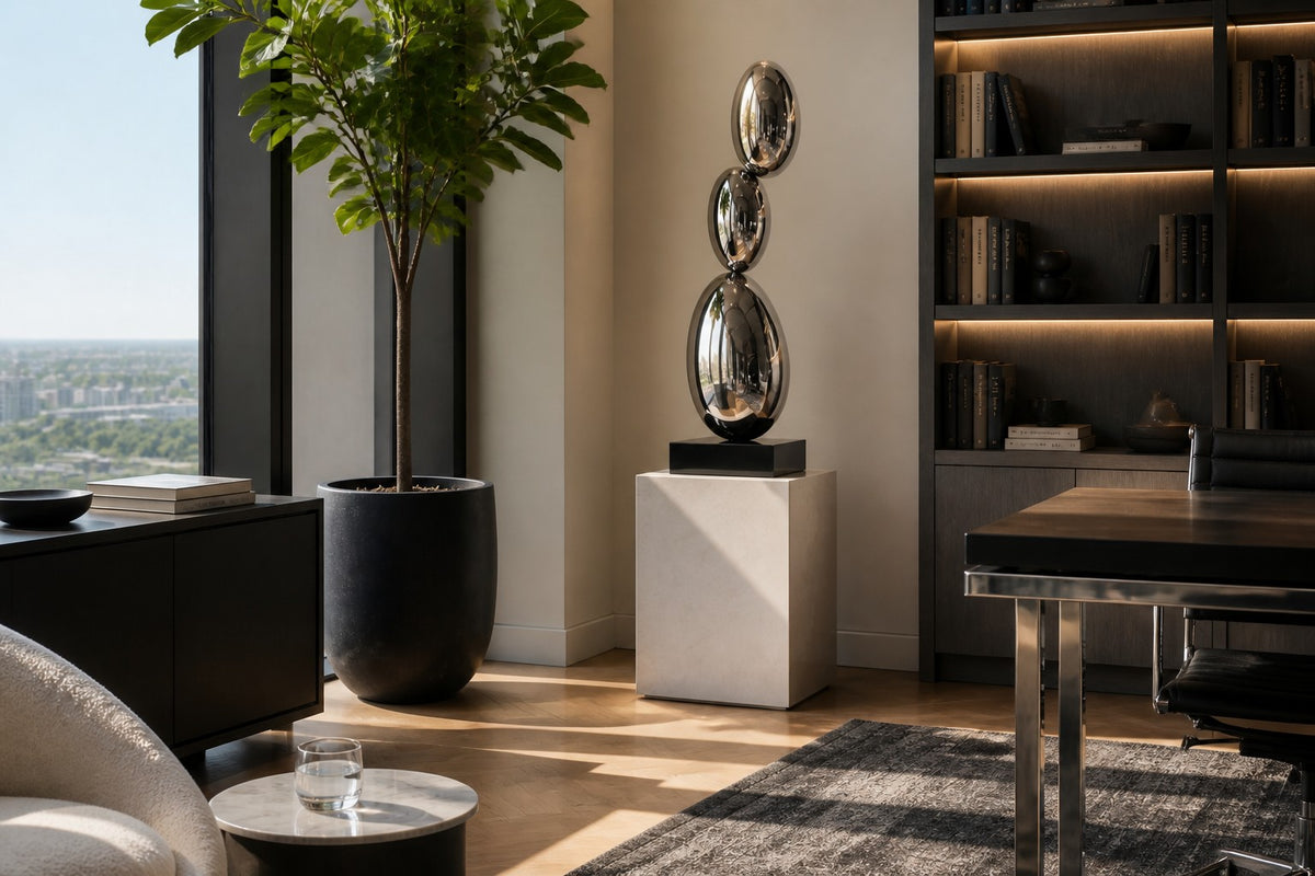 Tamago — mirror chrome stacked ovoid sculpture on a black base, close view in the room