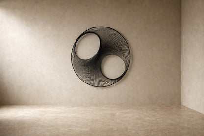 Charcoal steel wall sculpture Gemelos, two matched voids drawn in fine wire across one rim, on a plaster wall.