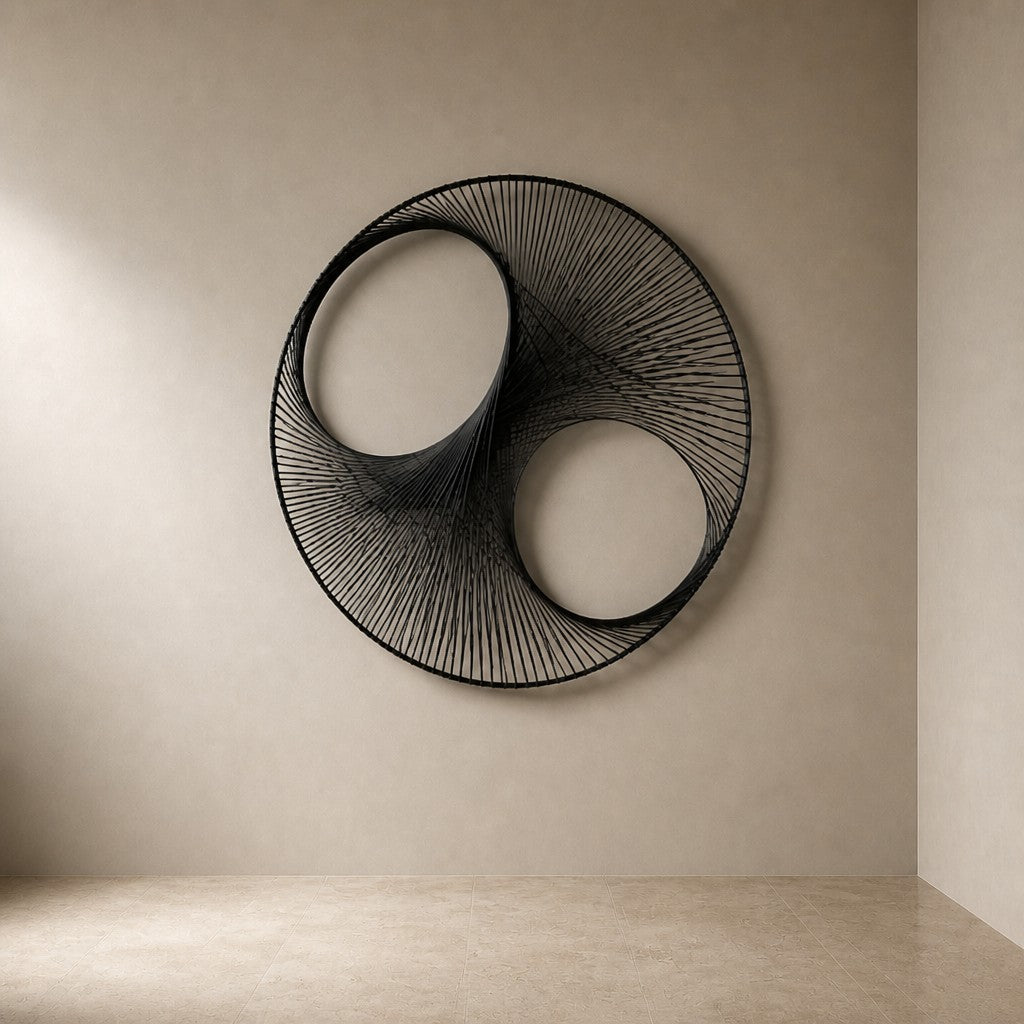 Charcoal steel wall sculpture Gemelos, two matched voids drawn in fine wire across one rim, on a plaster wall.