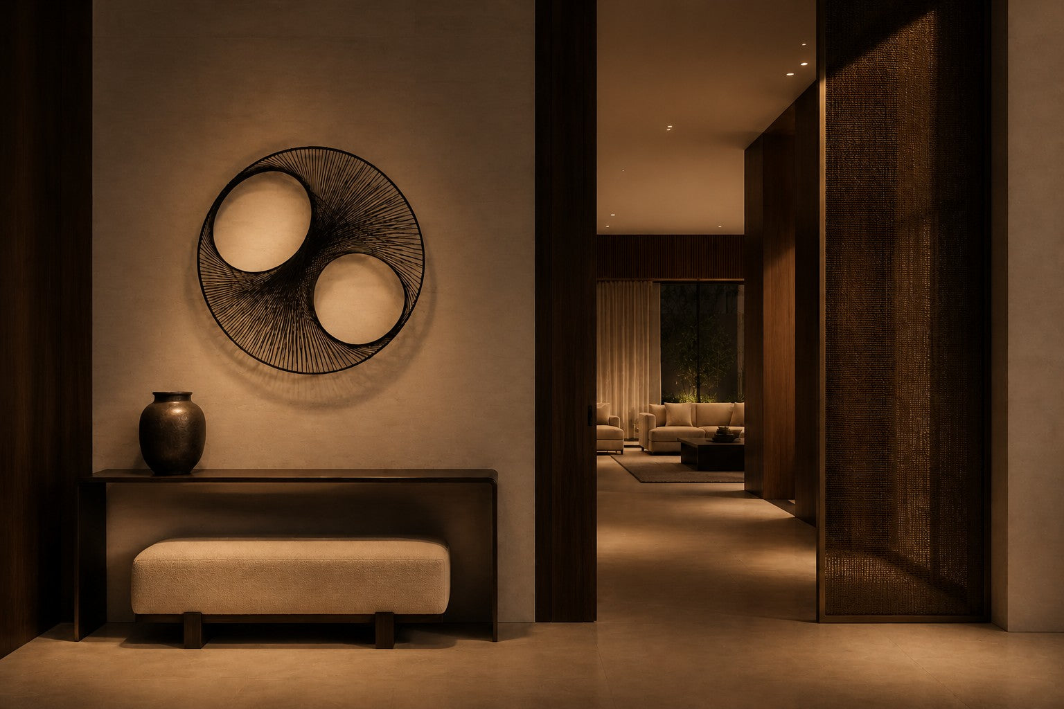 Charcoal steel wall sculpture Gemelos, two matched voids drawn in fine wire across one rim, on a plaster wall.