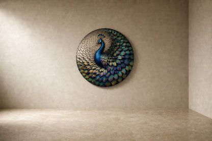 Peacock blue, green and gold bronze wall sculpture Tawus, cast bird set within a fan of iridescent scale plates, on a plaster wall.