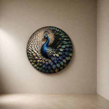Peacock blue, green and gold bronze wall sculpture Tawus, cast bird set within a fan of iridescent scale plates, on a plaster wall.