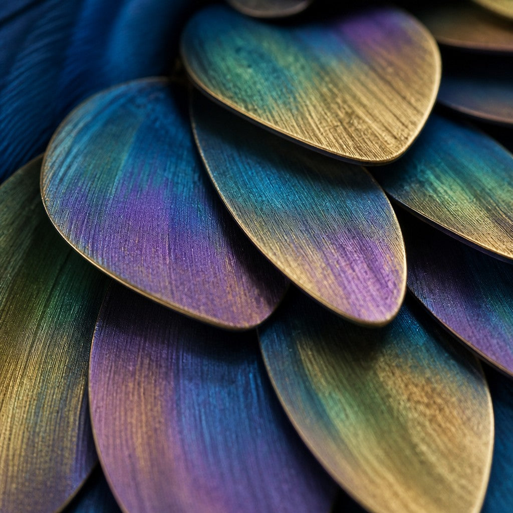 Peacock blue, green and gold bronze wall sculpture Tawus, cast bird set within a fan of iridescent scale plates, on a plaster wall.