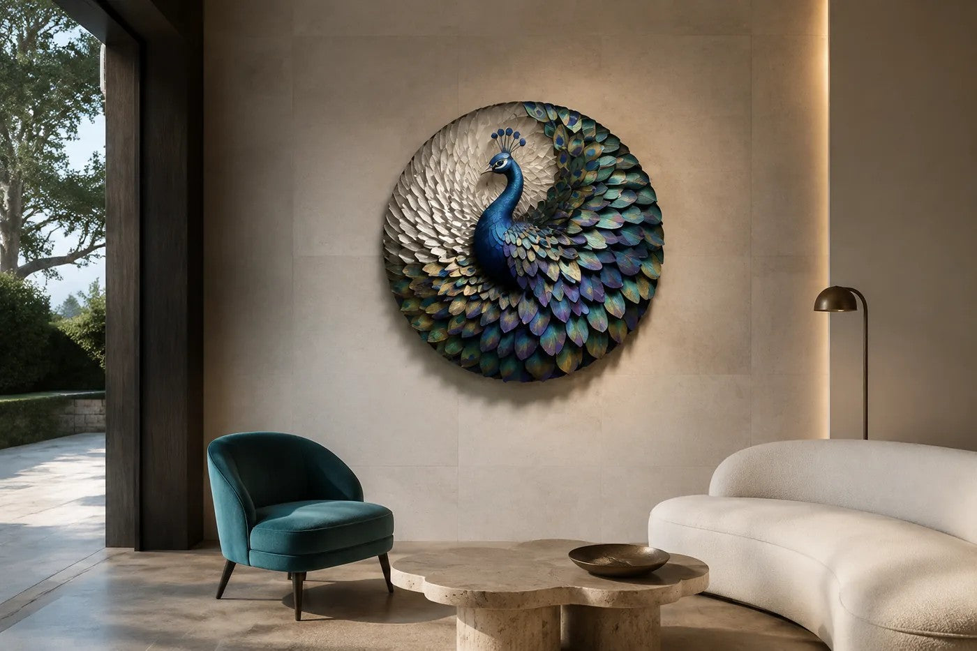 Peacock blue, green and gold bronze wall sculpture Tawus, cast bird set within a fan of iridescent scale plates, on a plaster wall.