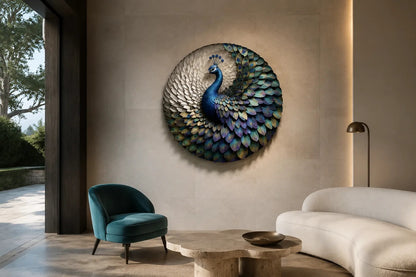 Peacock blue, green and gold bronze wall sculpture Tawus, cast bird set within a fan of iridescent scale plates, on a plaster wall.