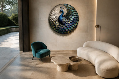 Peacock blue, green and gold bronze wall sculpture Tawus, cast bird set within a fan of iridescent scale plates, on a plaster wall.