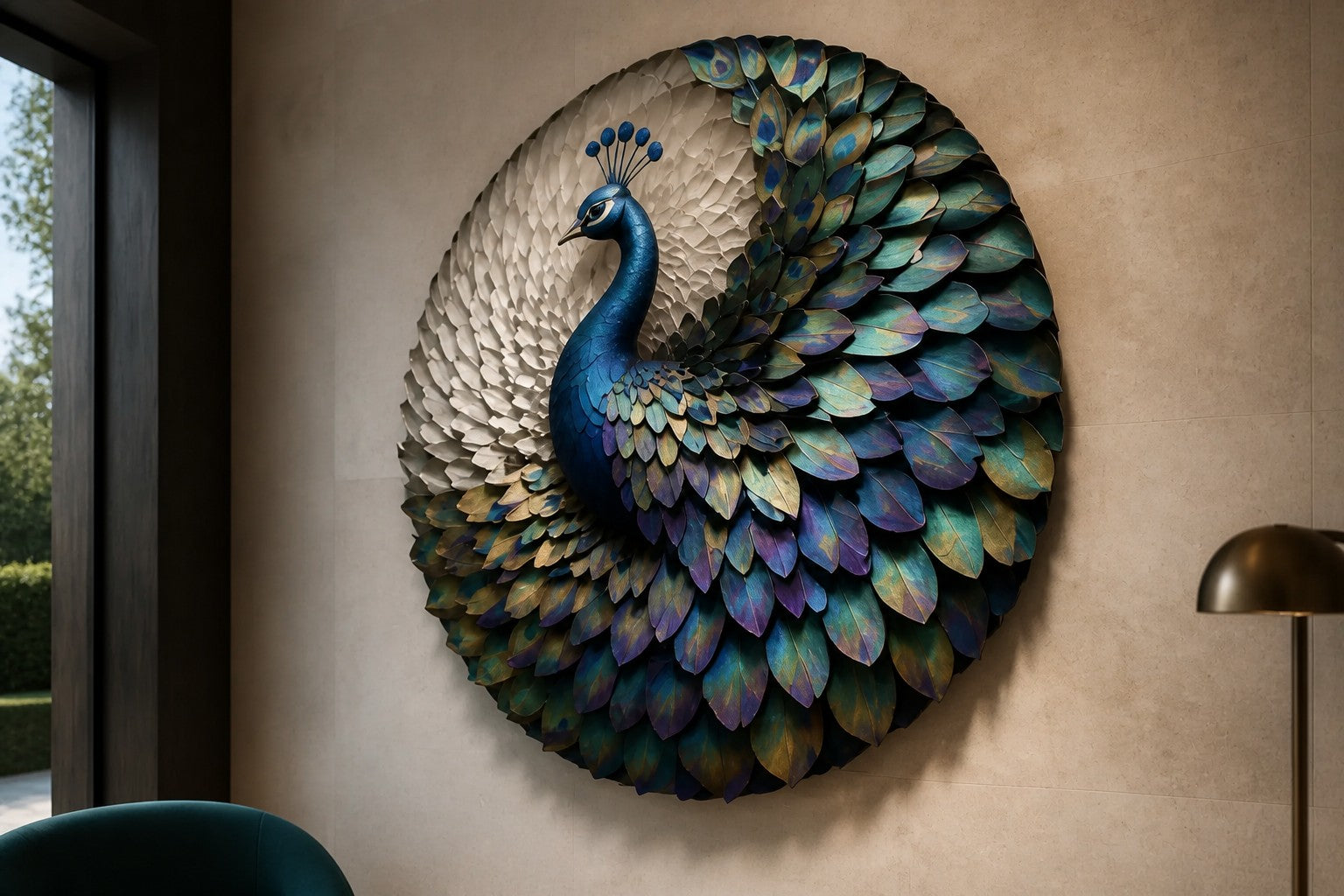 Peacock blue, green and gold bronze wall sculpture Tawus, cast bird set within a fan of iridescent scale plates, on a plaster wall.