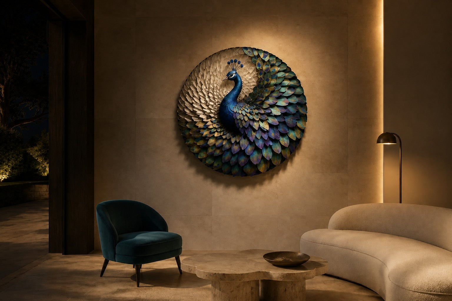 Peacock blue, green and gold bronze wall sculpture Tawus, cast bird set within a fan of iridescent scale plates, on a plaster wall.