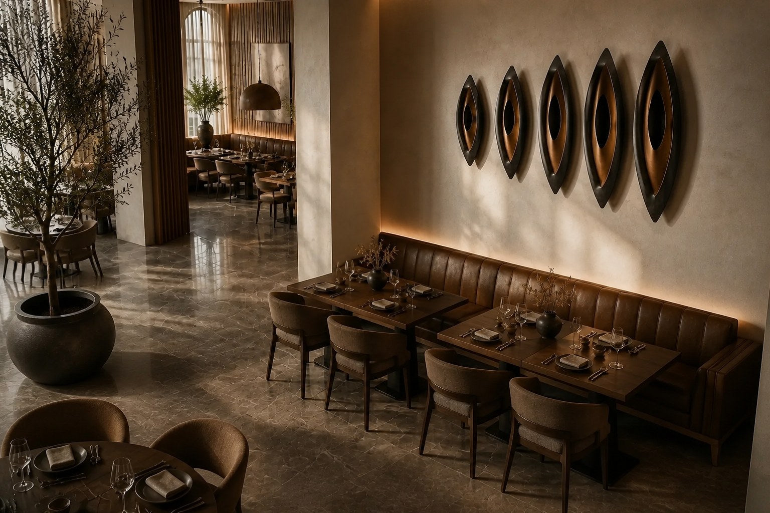 Five graduated lens-shaped bronze forms in ascending order, leaning against a plaster wall.