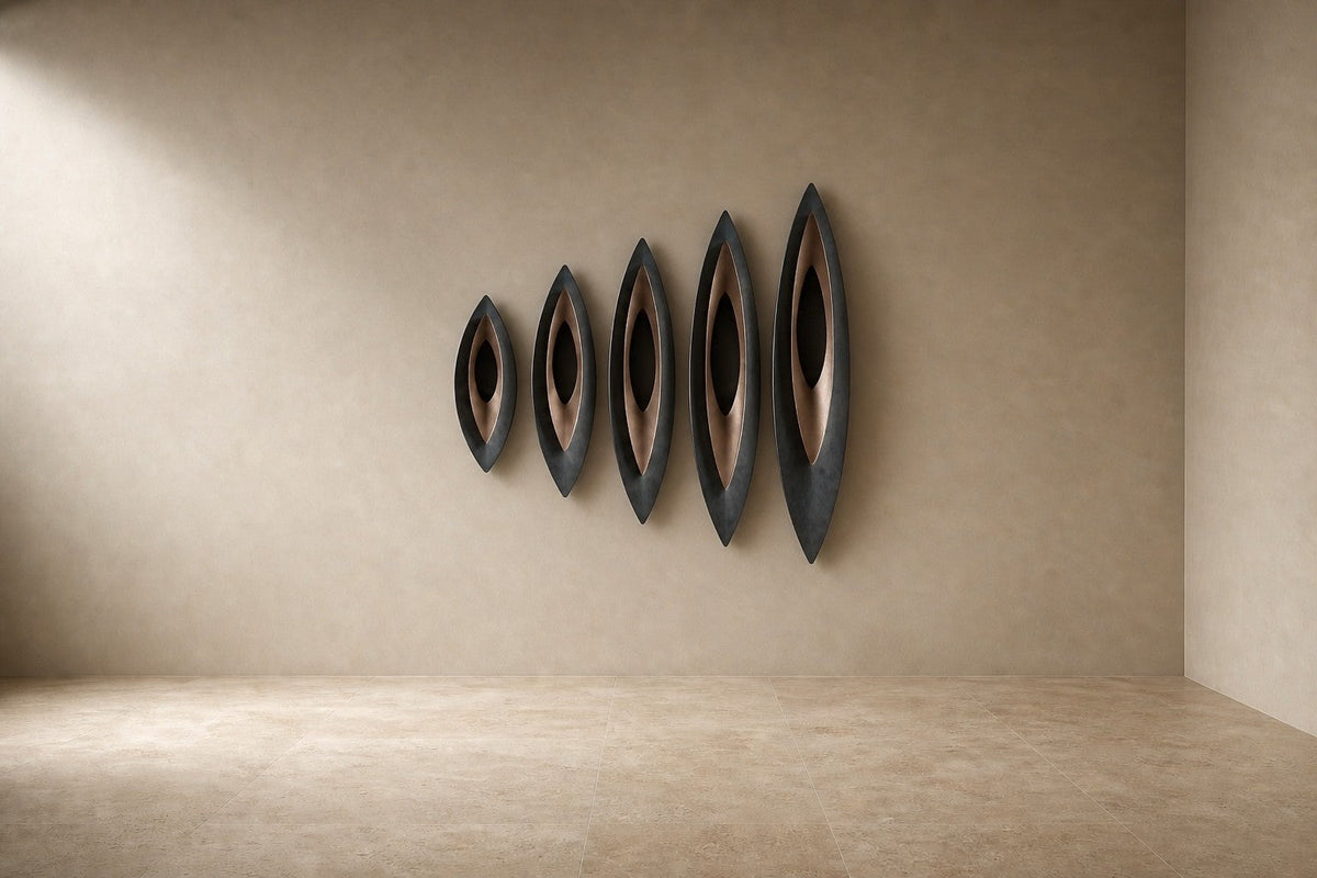 Tayf — 210 × 60 cm wall sculpture of five dark bronze pointed ovals with polished linings, studio view of the whole piece