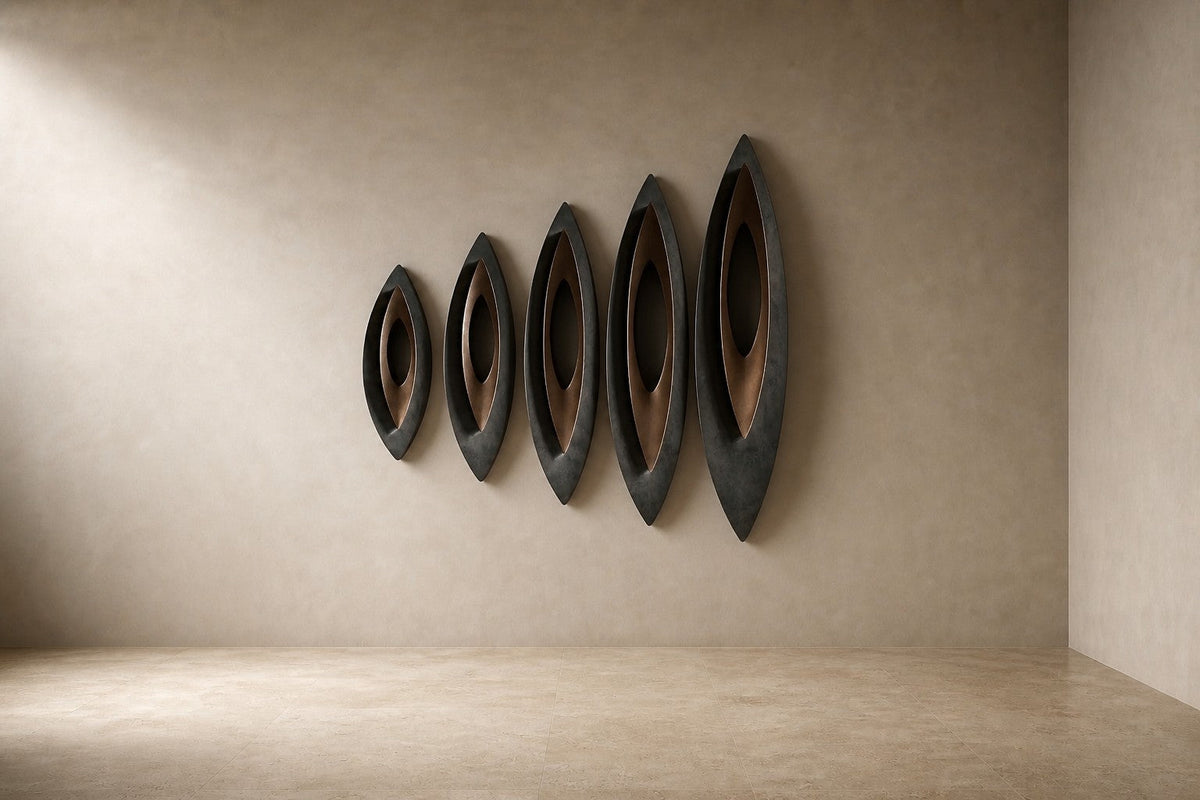 Tayf — 210 × 60 cm wall sculpture of five dark bronze pointed ovals with polished linings, three-quarter studio view showing its profile