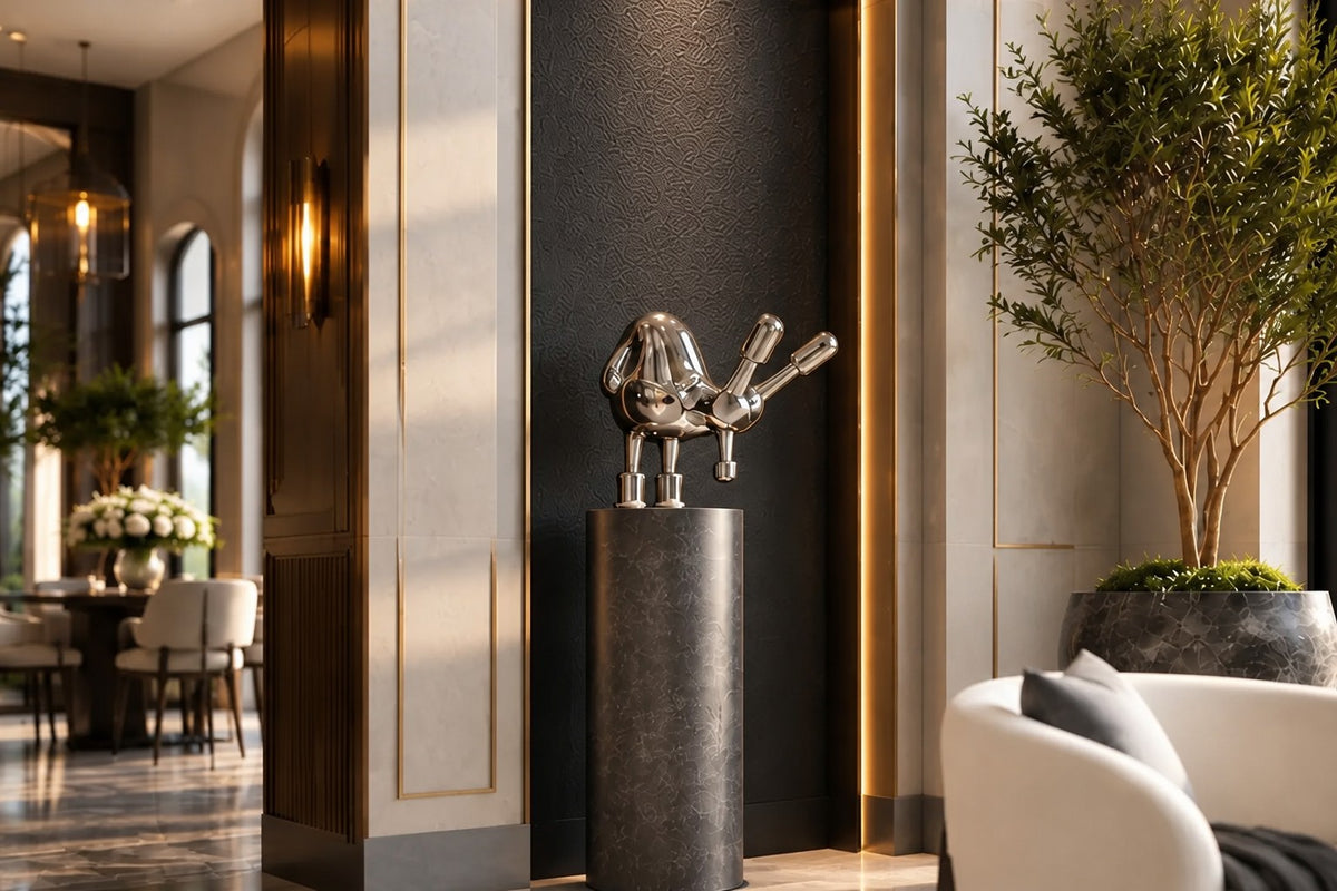 Tayr — 50 cm mirror-polished chrome balloon-form bird sculpture on a white base, close view in the room