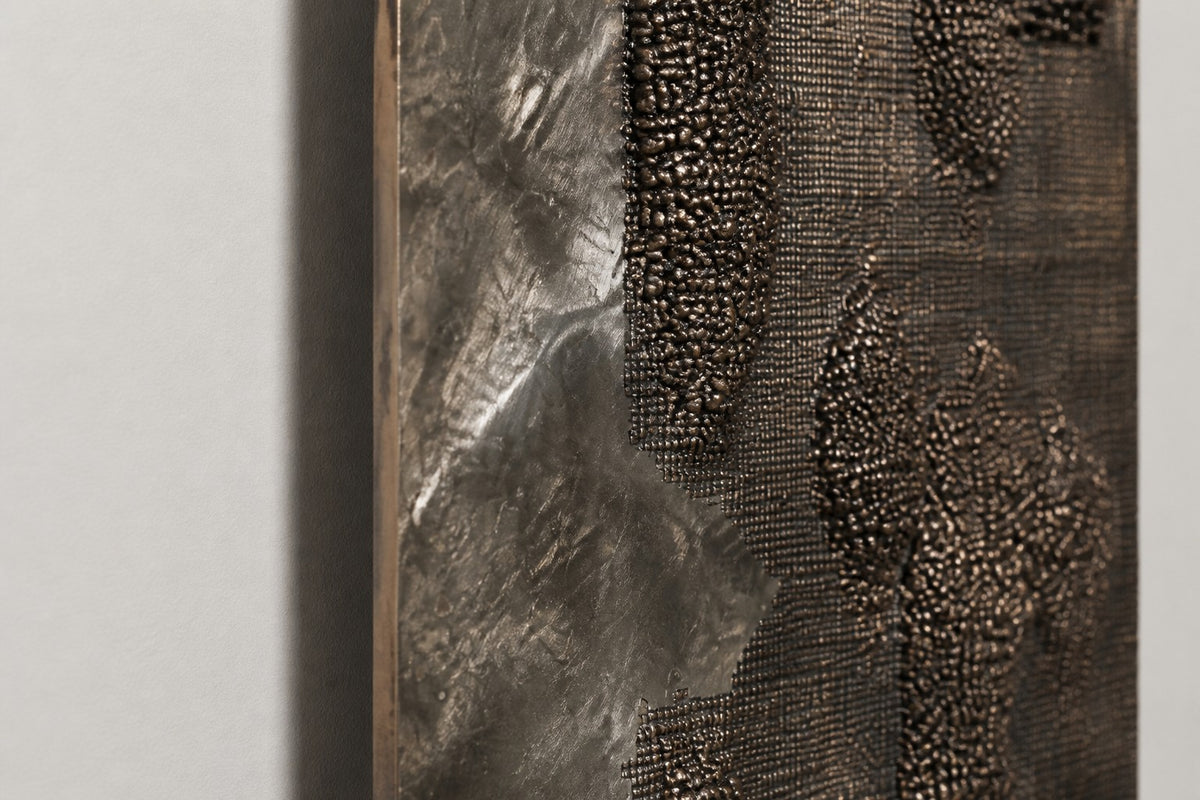 Telar — dark bronze wall hanging cast from a tribal textile, close detail of the surface and edge