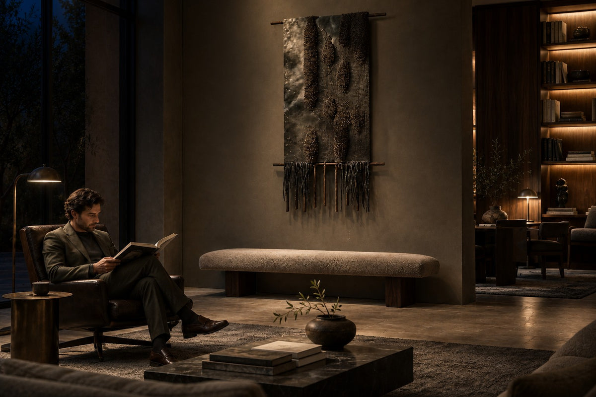 Telar — dark bronze wall hanging cast from a tribal textile, the same room at night, lamps on