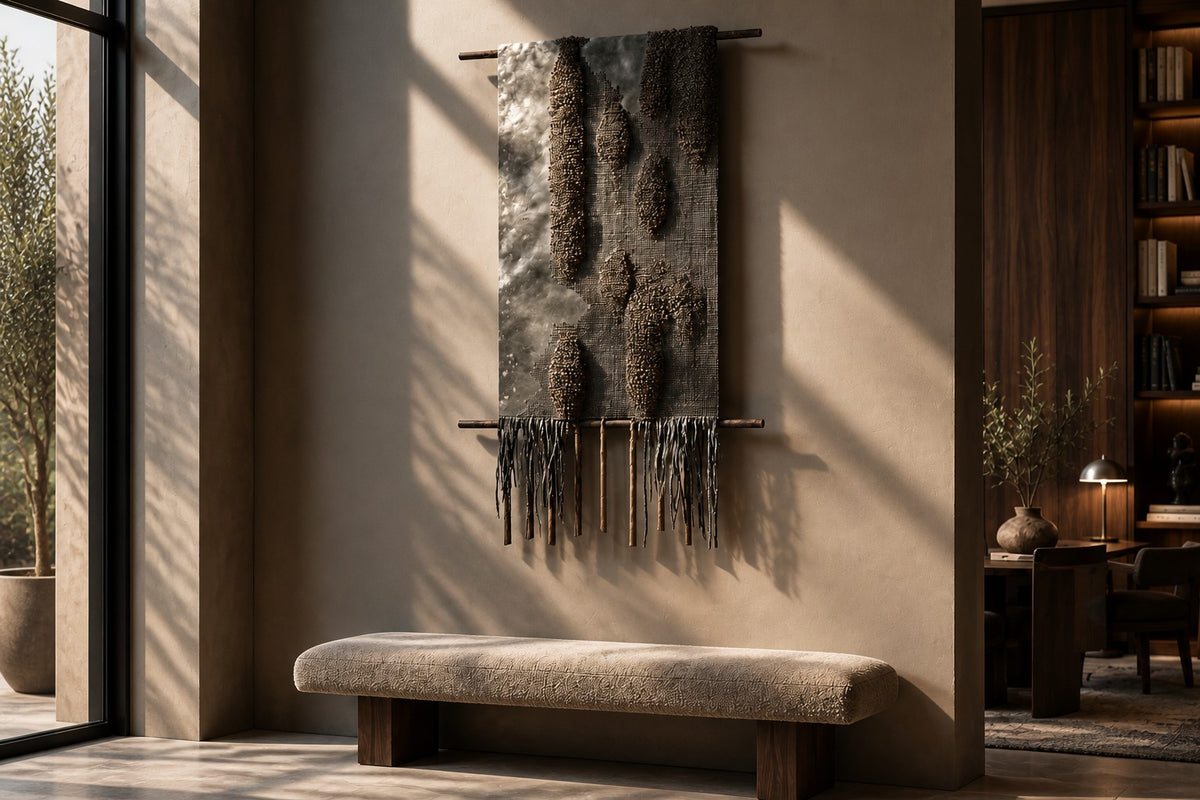 Telar — dark bronze wall hanging cast from a tribal textile, close view on the wall