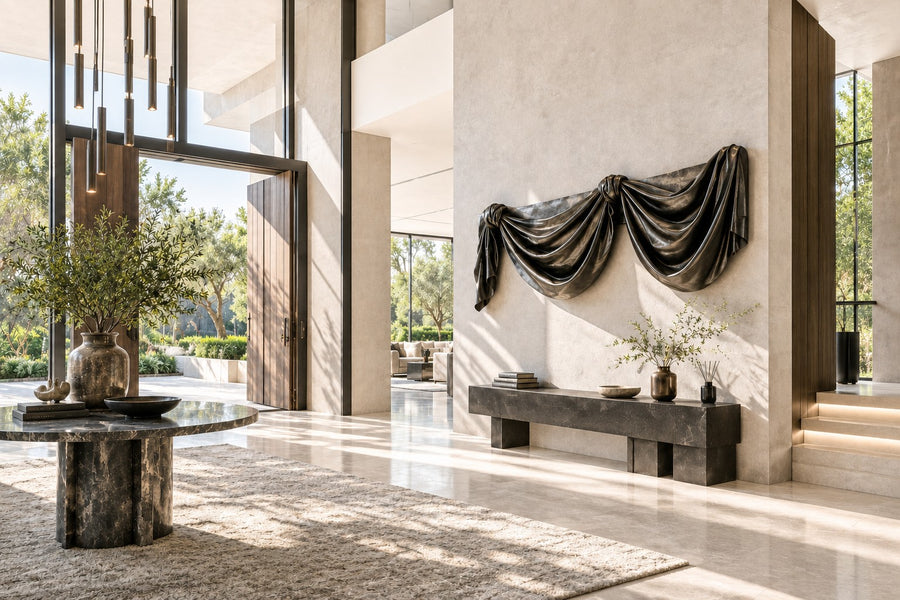 Telón — black bronze wall sculpture of theatre drapery in two deep swags, installed on the wall of a furnished room