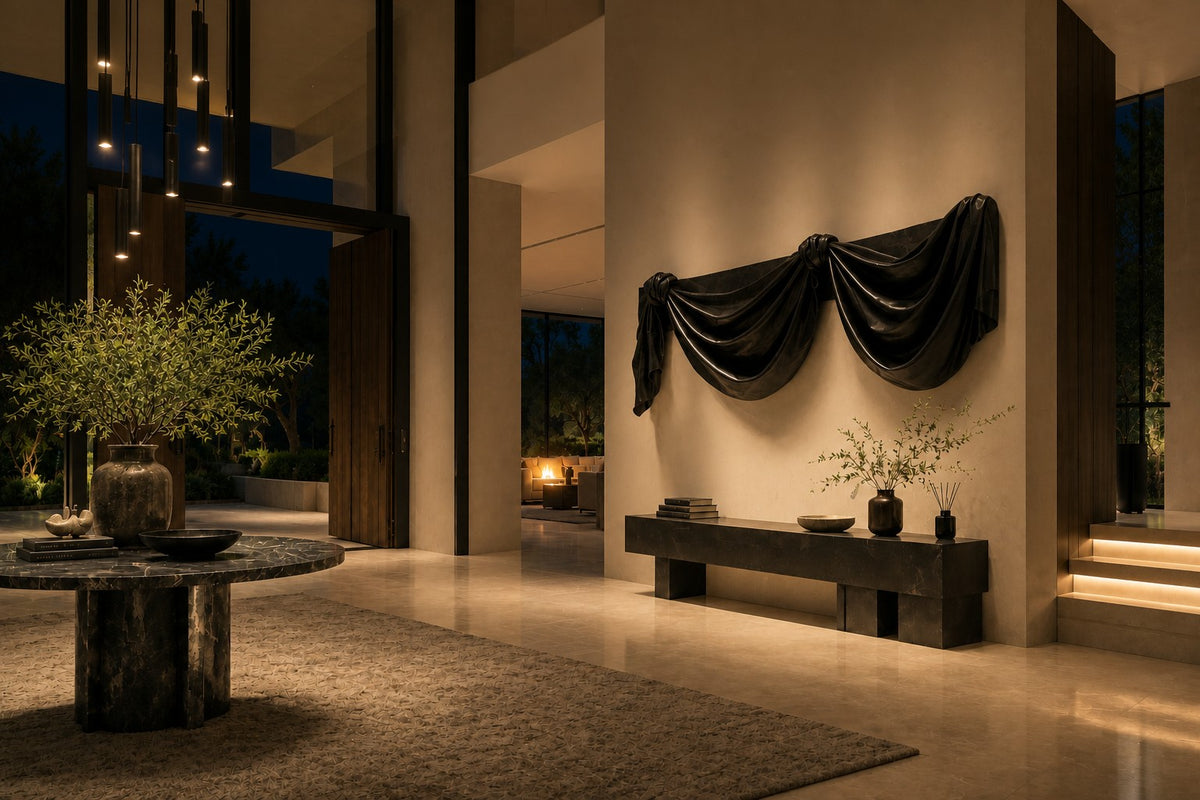 Telón — black bronze wall sculpture of theatre drapery in two deep swags, the same room at night, lamps on