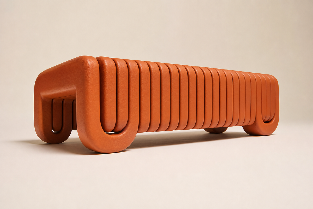TERRA STRATA BENCH XXII stone, three-quarter studio view showing its profile